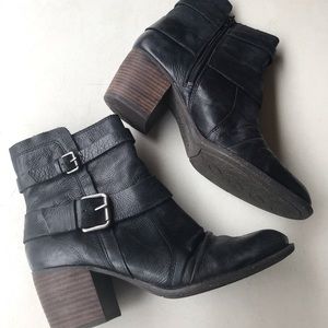 NAYA | Black Virtue Leather Buckle Block Heel Booties Size 8.5